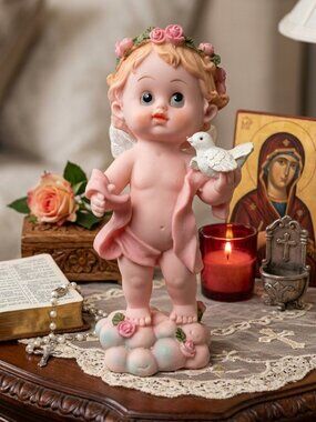 Vintage-Style Angel Cherub Statue - Pink Resin Figurine with Sheer Fabric Wings
